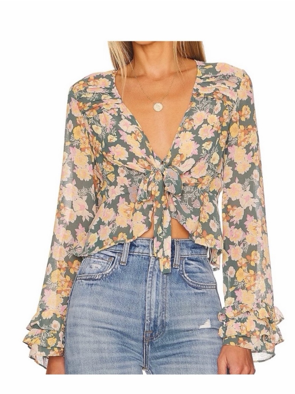 Free People Small Maybel Floral Tie-Front Long Sleeve Ruffed Top Green/Pink